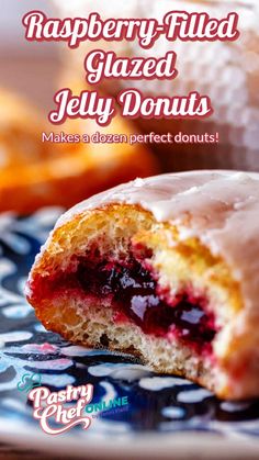 raspberry filled glazed jelly donuts on a blue and white plate with text overlay