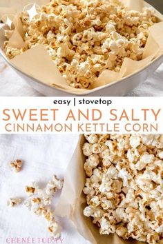 sweet and salty cinnamon kettle corn is an easy, delicious snack that's ready to be eaten