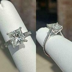 two views of a princess cut diamond ring