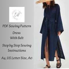 Link to my store: https://easypatternsstore.etsy.com Long Dress/Coat With Belt Pattern pattern, Woman PDF sewing printable pattern, Plus sizes patterns, Dress Sewing Pattern. WHAT YOU GET: Download includes the digital pattern files.  9 Sizes Included: XS-S-M-L-XL-2XL-3XL-4XL-5XL.   UK sizes: 8-10-12-14-26-18-20-22-24.  EU sizes: 36-38-40-42-44-46-48-50-52.  US sizes: 6-8-10-12-14-16-18-20-22.  Printing: Print out at 100% scale on your home printer.  Letter Sized Print. A4 Sized Print. A0 file. Women Romper Pattern, Long Skirt Sewing Pattern, Long Dress Coat, Boho Dress Pattern, Long Skirt Pattern, Structured Gown, Belt Pattern, Long Dress Patterns, Patterns Dress