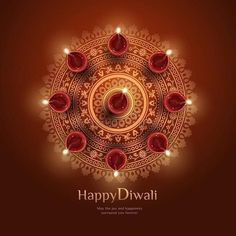 happy diwali greeting card with lights and pomegranates on brown background