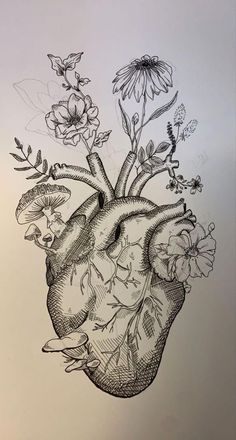 a drawing of a heart with flowers in it