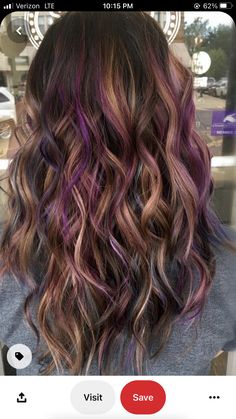 Funky Hair 2023, Purple Highlights Brunette, Brown Hair With Caramel And Purple Highlights, Hair Color Ideas For Dark Brunettes For Summer, Purple Streaks In Brown Hair Highlights, Subtle Color Highlights For Dark Hair, Colorful Brunette Hair, Brunette And Colorful Hair