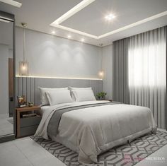 a bedroom with a bed, nightstands and curtains on the windowsill is lit by recessed lights