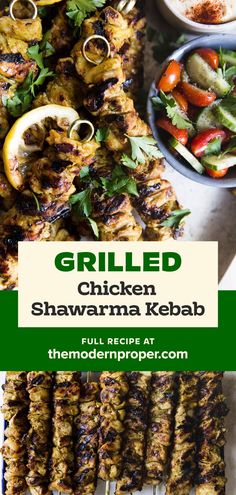 grilled chicken shawarma kebabs on a platter with other food