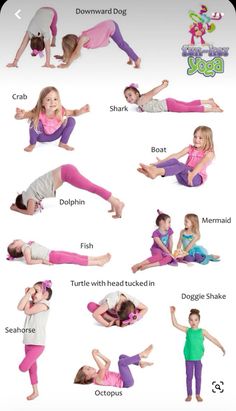 kids doing yoga poses with their hands in the air and one child standing on her stomach