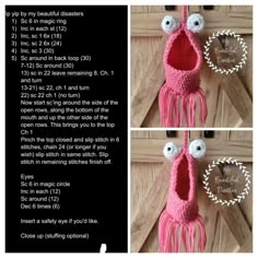 the instructions for crocheted slippers with eyeballs and fringes are shown