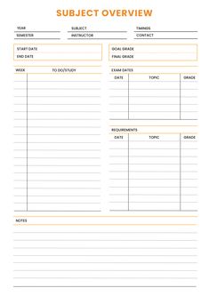 a printable subject overview sheet for students