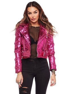 pink metallic moto jacket