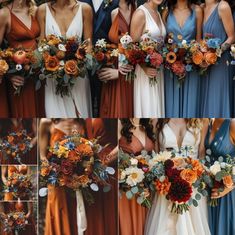 the bridesmaids are holding their bouquets in different colors and styles, all with flowers