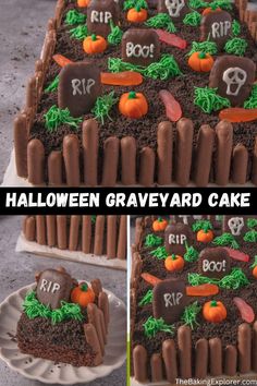 halloween graveyard cake with chocolate frosting and decorations