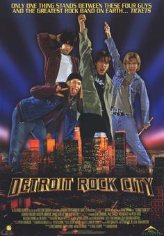 an advertisement for the movie detroit rock city, with three men standing in front of them