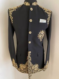 This is zardosi and gold zari handwork done on this black Jodhpuri.It's rich and good quality handwork make this Jodhpuri looks elegant . Colour options available. Customisation available. Resham Embroidered Nehru Jacket For Groom At Diwali, Black Kurta With Gold Embroidery For Diwali, Black Sherwani With Gold Embroidery For Eid, Diwali Nehru Jacket With Resham Embroidery For Groom, Traditional Nehru Jacket For Groom At Festivals, Traditional Nehru Jacket For Groom During Festivals, Designer Black Nehru Jacket With Traditional Drape, Black Sherwani With Gold Embroidery For Festive Occasions, Gold Sherwani With Dabka For Groom