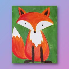 an acrylic painting of a red fox sitting in the grass on a purple background