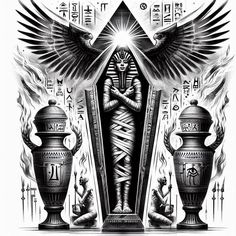 an image of the egyptian god and two vases with fire coming out of them