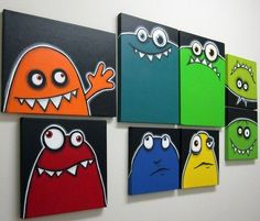 four different colored paintings on a wall with monsters painted on the sides and one in the middle