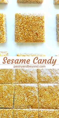 sesame candy squares are arranged in rows on a white surface with text overlay that reads sesame candy squares