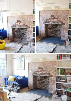 two pictures of a living room with brick fireplace and bookshelves in the middle