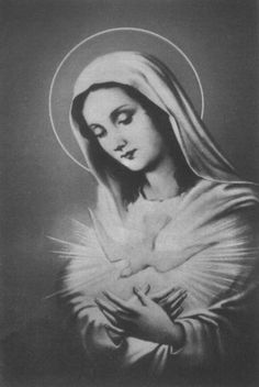 the virgin mary is shown in black and white, with her hands folded over her chest