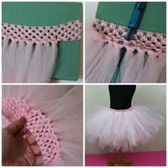 four pictures show how to make a tutule skirt with crochet and yarn