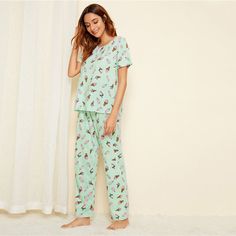 Pattern Type: Print Material: Polyester Material: Spandex Item Type: Pajamas Obscene Picture: No Sexually Suggestive: No Collar: Round Neck Sleeve Length(cm): Short Length: Full Length Fabric: Fabric has some stretch Style: Casual Pattern Type: Cartoon Casual Green Printed Sleepwear, Green Stretch Cotton Sleepwear, Green Stretch Sleepwear For Loungewear, Fitted Short Sleeve Sleepwear For Pajama Party, Casual Printed Fitted Sleepwear, Casual Fitted Printed Sleepwear, Fitted Casual Printed Sleepwear, Green Stretch Sleepwear For Lounging, Casual Fitted Sleepwear For Bedtime