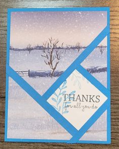 a thank card with the words thanks and a winter scene in blue, white and gray