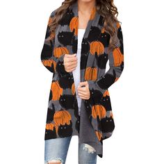 PRICES MAY VARY. 【Material】This Halloween cardigan sweaters for women, plus size halloween shirt is made of soft and breathable material. Women's Halloween lightweight cardigan. It's stretchable, comfortable, cozy and perfect for the fall season. This is a great plus size shirt casual open front cardigan! Cat sweaters for women. Wear it on this spooky season clothes at the Halloween party. 【Feature】Women halloween cardigan cat, long sleeve open front design, halloween clothes for women. This is Halloween Cardigan, Halloween Mode, Womens Sweater Coats, Labu Halloween, Cardigan Casual, Plus Size Halloween, Classic Cardigan, Casual Cardigans, Fall Coat