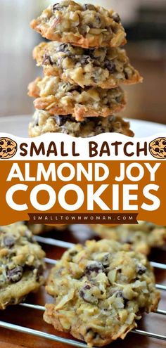 small batch of almond joy cookies stacked on top of each other with text overlay