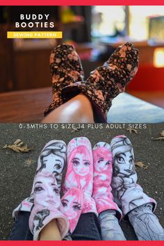 three pairs of women's socks sitting on the ground with text overlaying them