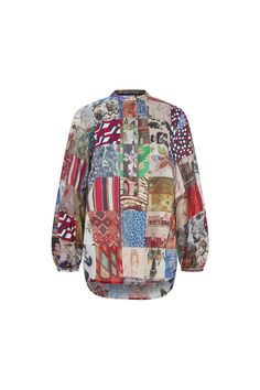 BLOOMSBURY COLLAGE' PUFF SLEEVE TUNIC - TOPS - Libertine Designer Multicolor Long Sleeve Top, Designer Fall Daywear Tops, Designer Tops For Fall Daywear, Designer Tops For Daywear In Fall, Designer Multicolor Fall Shirt, Multicolor Shirt For Fall Daywear, Multicolor Long Sleeve Tops For Daywear, Long Sleeve Patchwork Tops, Patchwork Long Sleeve Tops For Daywear