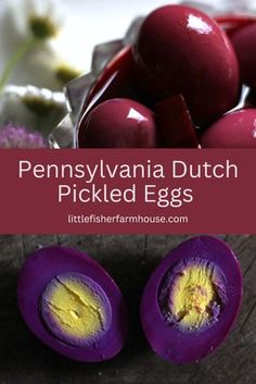 purple eggs with yellow and red paint on them are sitting in front of a bowl full of flowers