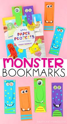 the bookmarks are made out of paper and have monster faces on them, with text overlay