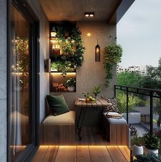 a balcony with potted plants and lights