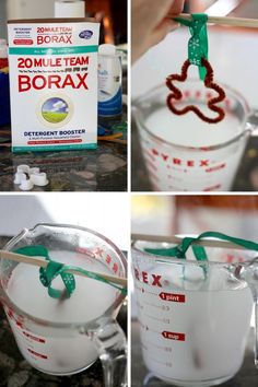 four pictures showing how to make borax in a blender with ingredients and instructions