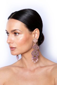 Elegant Purple Dangle Clip-on Earrings, Elegant Purple Dangle Chandelier Earrings, Elegant Beaded Clip-on Earrings For Formal Occasions, Luxury Pink Earrings For Wedding, Elegant Rose Gold Beaded Earrings For Party, Elegant Pink Chandelier Earrings For Formal Occasions, Exquisite Pink Jewelry For Party, Elegant Pink Chandelier Earrings For Formal Events, Elegant Rose Gold Beaded Party Earrings