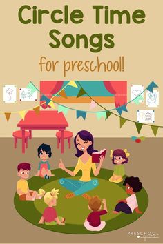 a woman sitting on top of a green field with children around her and the words circle time songs for preschool