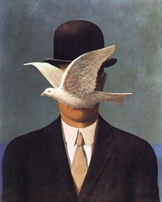 a painting of a man wearing a suit and tie with two birds on his head