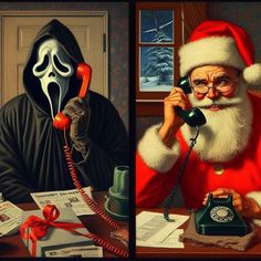 two paintings of santa claus talking on the phone and holding a telephone to his ear