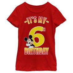 Celebrate in style with the Mickey & Friends "It's My 6th Birthday" T-Shirt, a charming addition to any young girl's wardrobe. This vibrant red tee is adorned with the beloved Mickey Mouse and festive ombre-style lettering that joyfully announces her special day.

- Color: Red
- Material: Cotton blend
- Gender: Female
- Age Group: Kids
- Size: Large

Officially licensed by Disney, this T-shirt features a playful graphic of Mickey Mouse that adds a touch of magic to her birthday celebration. Perf Mickey Mouse Crew Neck T-shirt For Birthdays, Mickey Mouse Crew Neck T-shirt For Birthday, Mickey Mouse Crew Neck Top For Birthday, Disney Mickey Mouse Tops For Birthday, Red Character Print Top For Birthday, Red Minnie Mouse Tops For Disney Fan Events, Red Minnie Mouse Top For Disney Fan Events, Themed Red Tops For Birthday, 6th Birthday Girls