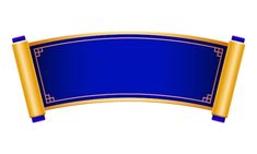 a blue and gold banner with an ornament border on the bottom, in front of a white background