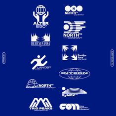 various logos and emblems on a blue background