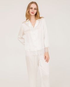 Type: Women's silk pajamasMaterial: 22 Momme Luxury Mulberry Silk Details:Classic Solid Color, Designed Long Sleeves, Regular Fit. Experience the epitome of luxury and comfort with our Silk Long-Sleeve and Long Pants Lace Trim Sleepwear Set. Crafted from the finest quality silk, this set is designed to make you feel pampered and elegant every night. The long-sleeve top features delicate lace trim along the cuffs, adding a touch of timeless sophistication to your sleepwear. Its comfortable fit en Silk Pajamas Set, How To Wash Silk, Silk Pajamas Women, Silk Sleepwear, Silk Pajama Set, Silk Accessories, Lace Silk, Luxury Silk, Womens Pyjama Sets