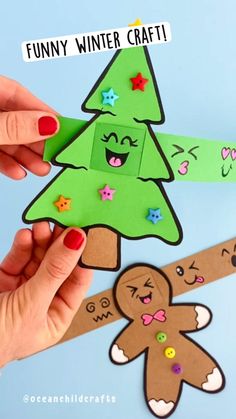 someone is making a paper cut out of a christmas tree and gingerbreads with the words funny winter craft on it