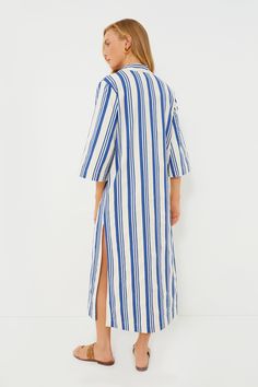 Classic and easy yet sophisticated, the French Blue Stripe Adele Dress is a perfect throw-and-go style for the warm-weather months. This maxi boasts a relaxed silhouette with three-quarter length wide sleeves, a V-neckline with self-ties, and side slits for comfort and style. Throw this on over a bathing suit on your way to the beach, or with sandals and a tote for grabbing dinner. V-neckline with self-ties Three-quarter length wide sleeves Side slits Straight silhouette Relaxed fit Maxi length Adele Dress, Sports Shops, French Blue, Wide Sleeves, Adele, Get The Look, Three Quarter, Blue Stripes, Warm Weather