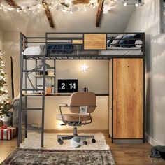 a loft bed with a desk underneath it and a ladder to the top that leads up