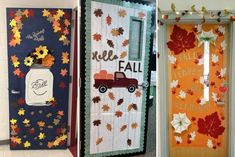 two doors decorated with autumn leaves and fall decorations