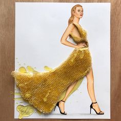 a drawing of a woman in a yellow dress with honeycombs on the skirt