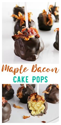 chocolate covered cake pops on a plate with the words maple bacon in front of them