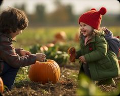 two children in a field with pumpkins and one is holding the other's hand