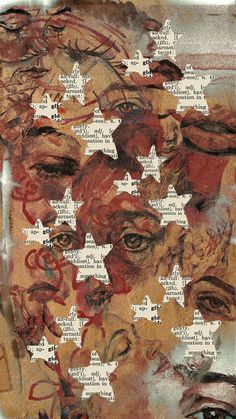 a collage of images with words written on them, including stars and faces in the middle